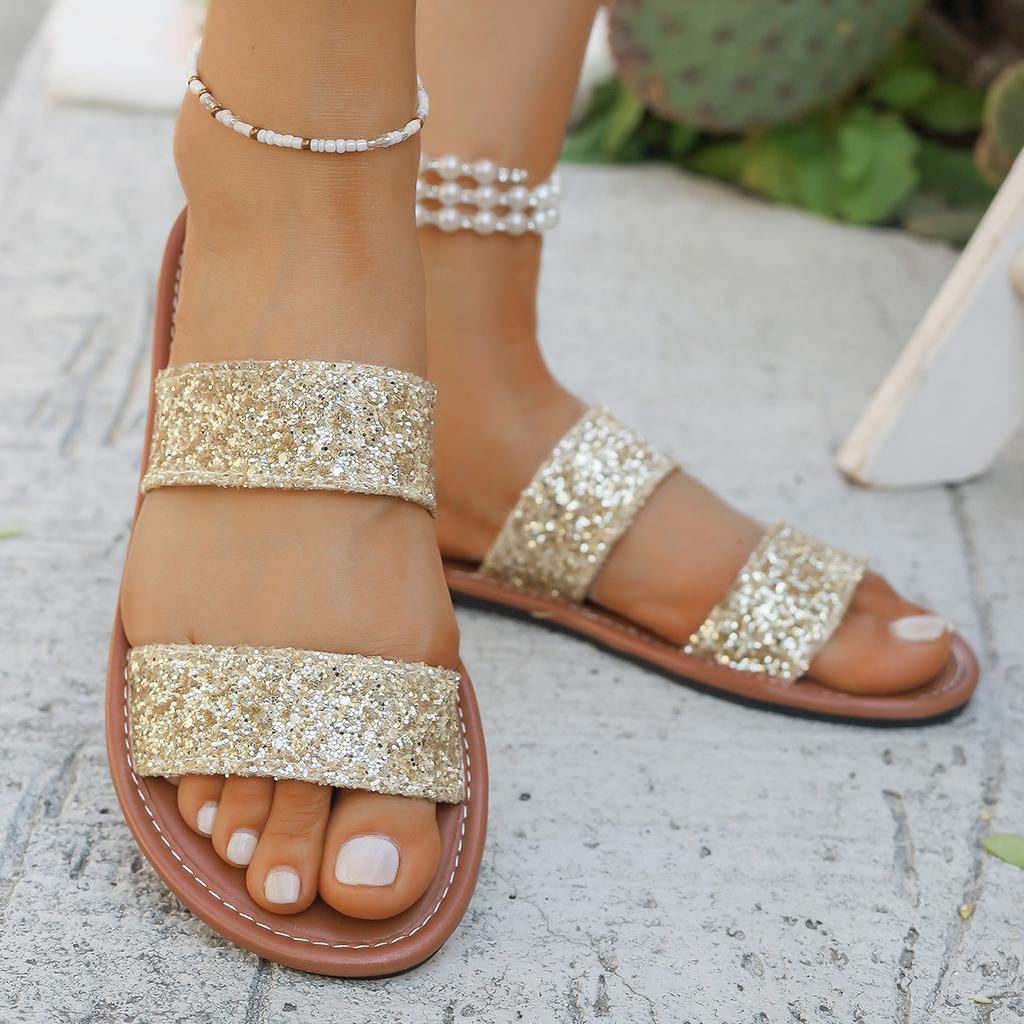 Women Slippers 2025 Summer New Sandals Flat Heel Slippers Bling Rhinestone Narrow Band Beach Shoes Casual Slides Women