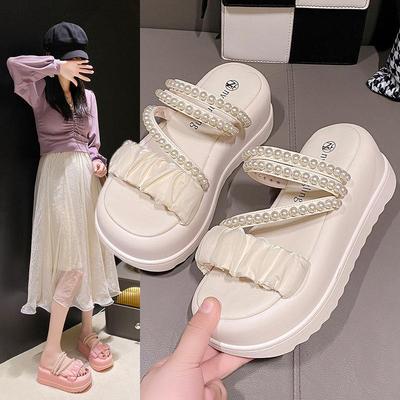 Fairy Wind Platform Sandals Female French Two Wear Pearl Women's Shoes Low Top Platform Cool Slippers Female