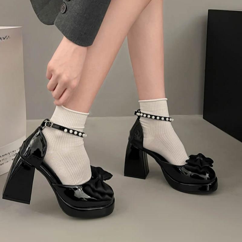 Fashion Waterproof Platform High Heels Summer New Round Head Shallow Mouth Butterfly Knot Pearl Belt Non-slip Single Shoes
