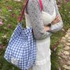 Lazy wind contrasting color plaid canvas bag women's new Mori literary and artistic style shoulder bag commuter tote bag