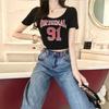 New Tight Korean Version of the Big U-neck Short-sleeved T-shirt Top with the Navel Exposed, Short Personalized Letter-printed Bottoming Shirt 