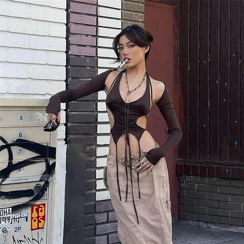 Y2k Streetwear 2 Piece Long Sleeve Halter Crop Top Sexy Trendy Irregular Backless Women T-shirts Aesthetic