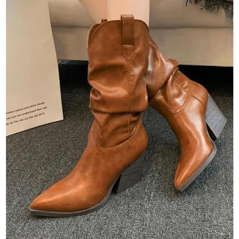 

Модные высокие каблуки до середины икры, плиссированные сапоги для женщин, осенне-зимние, коричневые, из искусственной кожи, ковбойские сапоги в западном стиле, женские, на толстом каблуке, ковбойские боты для женщин 42 коричневый