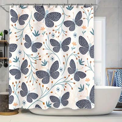 Modern Butterfly Print Bath Shower Curtain with Black Border White Floral Decor for Home Decoration