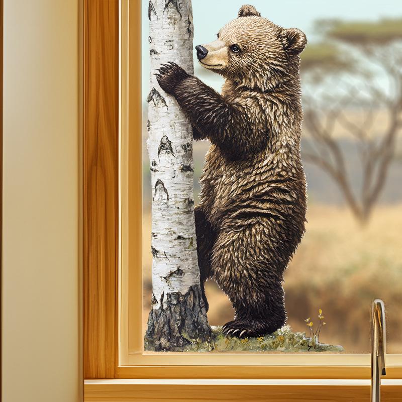 Realistic Cute Bear Window Sticker Transparent Removable Double Sided Glass Wall Decal for Home Shop Window Decor