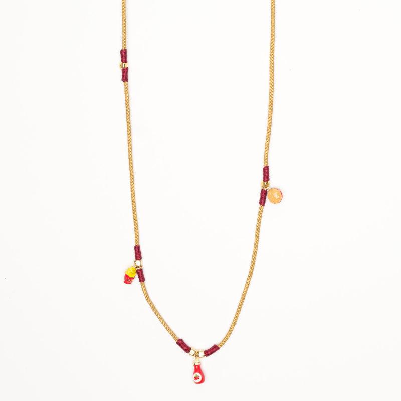 Personalized Valentine'S Day Hamburger Fries Pendant Color Rope Knitted Rope Necklace Electroplating Gold Color Preservation Batch