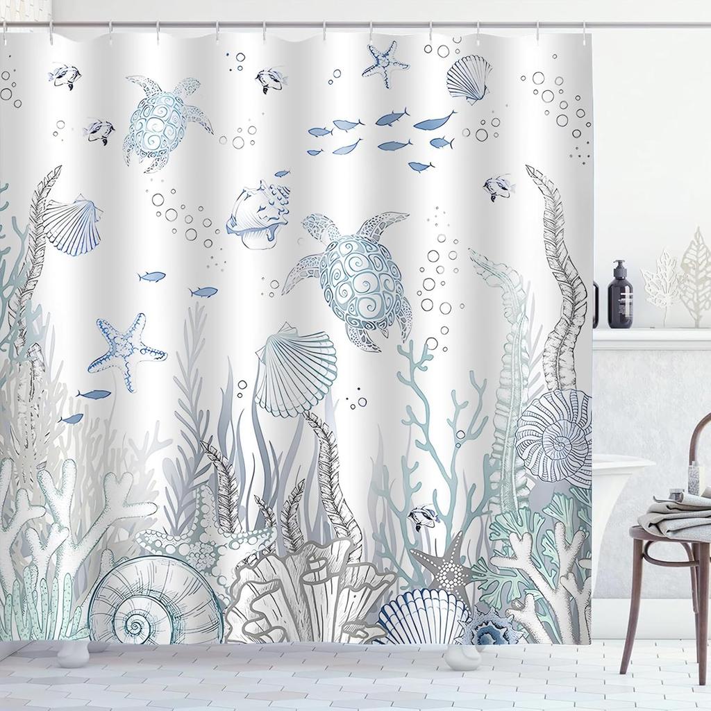 Coastal Turtle Shower Curtain Fish Coral Starfish Seashell Blue Ocean Beach Shower Curtains for Bathroom Waterproof Polyester Fa