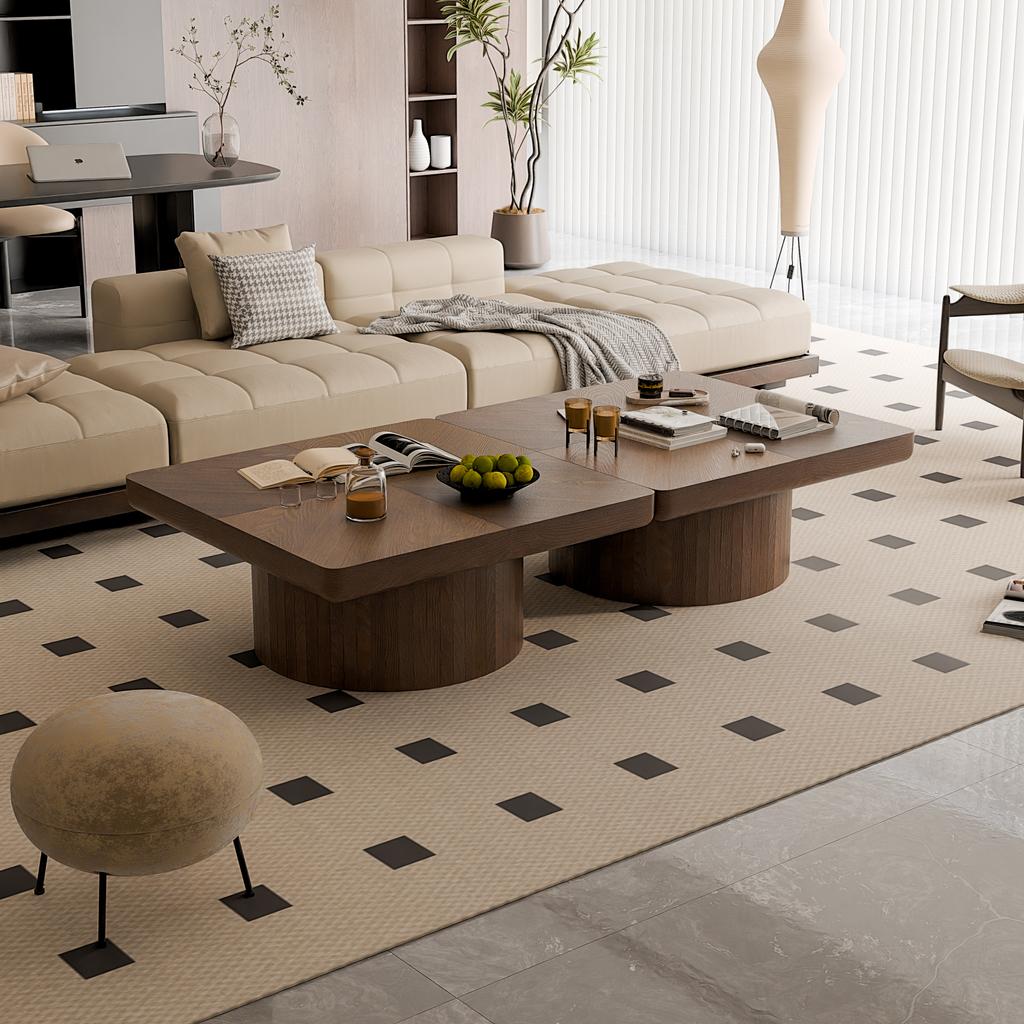 78cm Square Coffee Table for Living Room, Modern Wood Veneer Top with Parquet Pattern & Cylindrical Base, Thickened Tabletop, Easy Assembly, Walnut