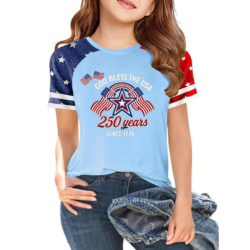 Kids Independence Day Graphic T-Shirt Short Sleeve Crew Neck Casual Tee with Patriotic Print and Star Pattern Sleeves for Boys and Girls