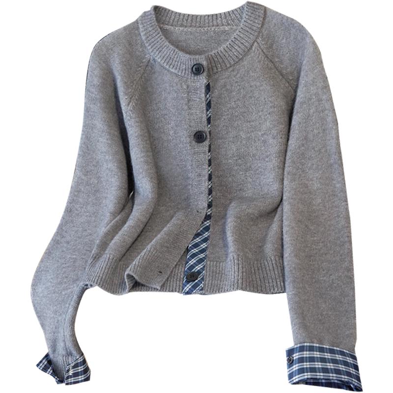 

Women s Plaid Patchwork Fake Two-Piece Knit Top XL