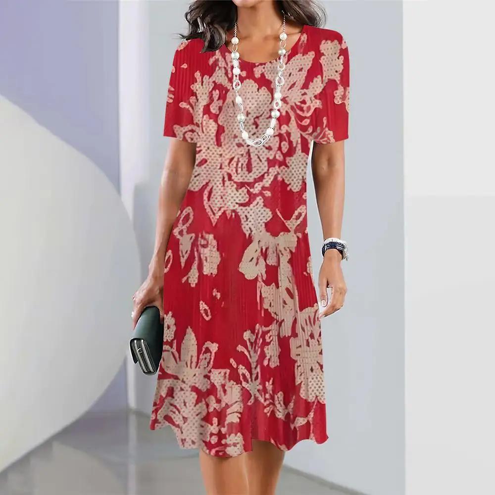 Womens Dresses 3d Gradient Geometric Printhing Dress Crushed Flower Short Sleeves Party Clothing Elegant Tops Retro A-Line Skirt