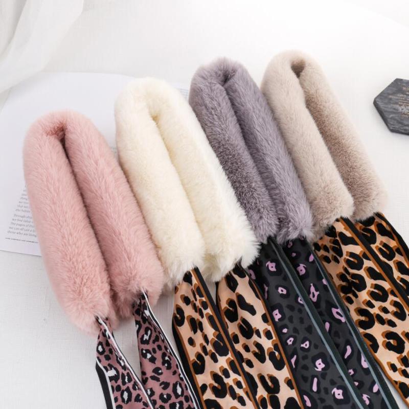 Women Ribbon Winter Plush Leopard Fur Collar Ribbon Scarf Warm Scarf