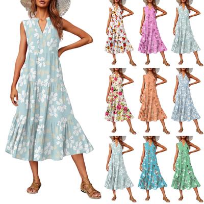 Vestido Feminino Casual e Fashion de Decote V Sem Mangas Estampado Midi