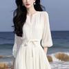 Rochie elegantă albă din șifon franțuzesc - Stil zeiță de primăvară/vară
