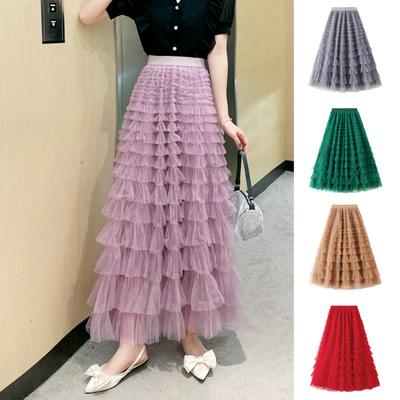 Women Skirt High Waist A-line Big Swing Ruffle Solid Color Scattered Hem Pleated Patchwork Solid Color Princess Style Elastic Waist Maxi Skirt