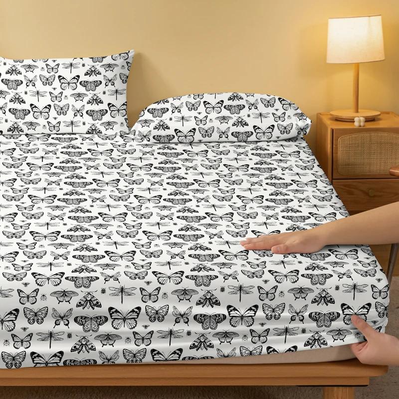 1 Simple Modern Butterfly Printed Matte Fitted Sheet, Bedroom Printed Bed Cover, Bedding (Excluding Pillowcases)
