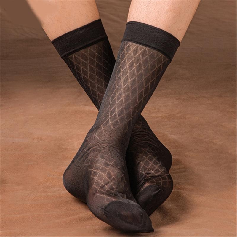 Elegant Mens Sheer Diamond Pattern Dress Socks See Through Nylon Business Formal Wear Thin Middle Tube Calf Length Socks