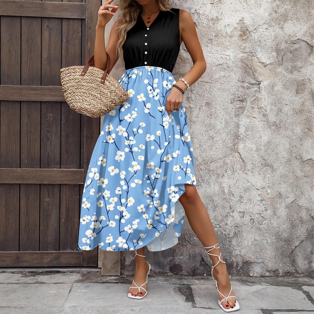 Women's Casual And Fashionable V-neck  Sleeveless Printing Mid Length Dress