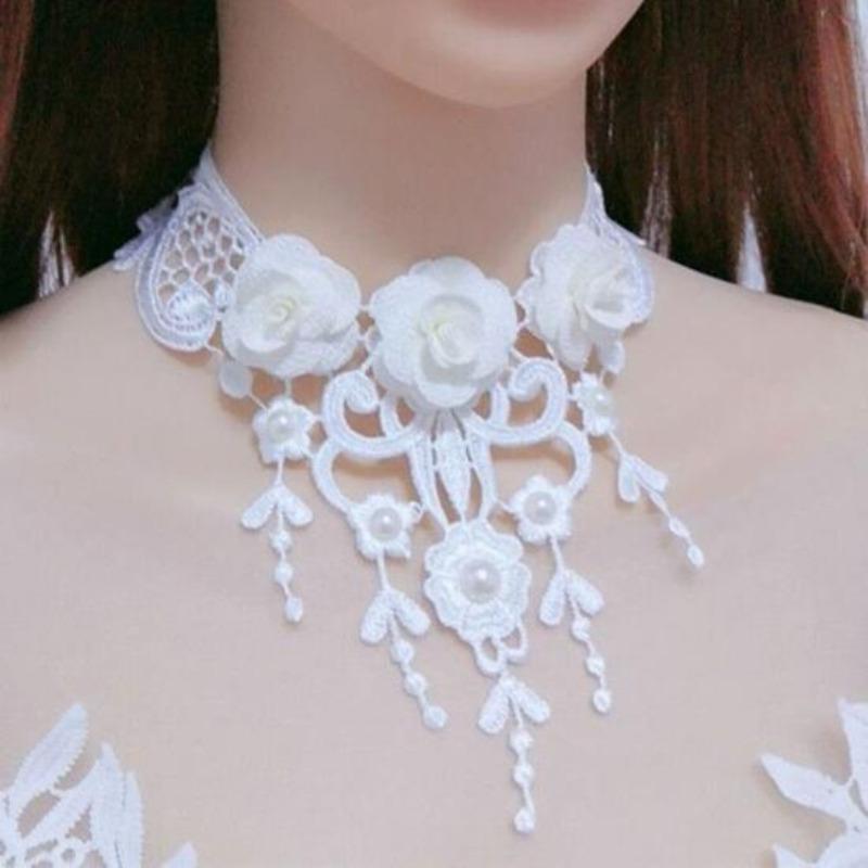 Women Party Necklace Hollow Out Lace Faux Pearl Decor Tassel Prom Cosplay Halloween Carnival Choker Wedding Performance Neck Jewelry