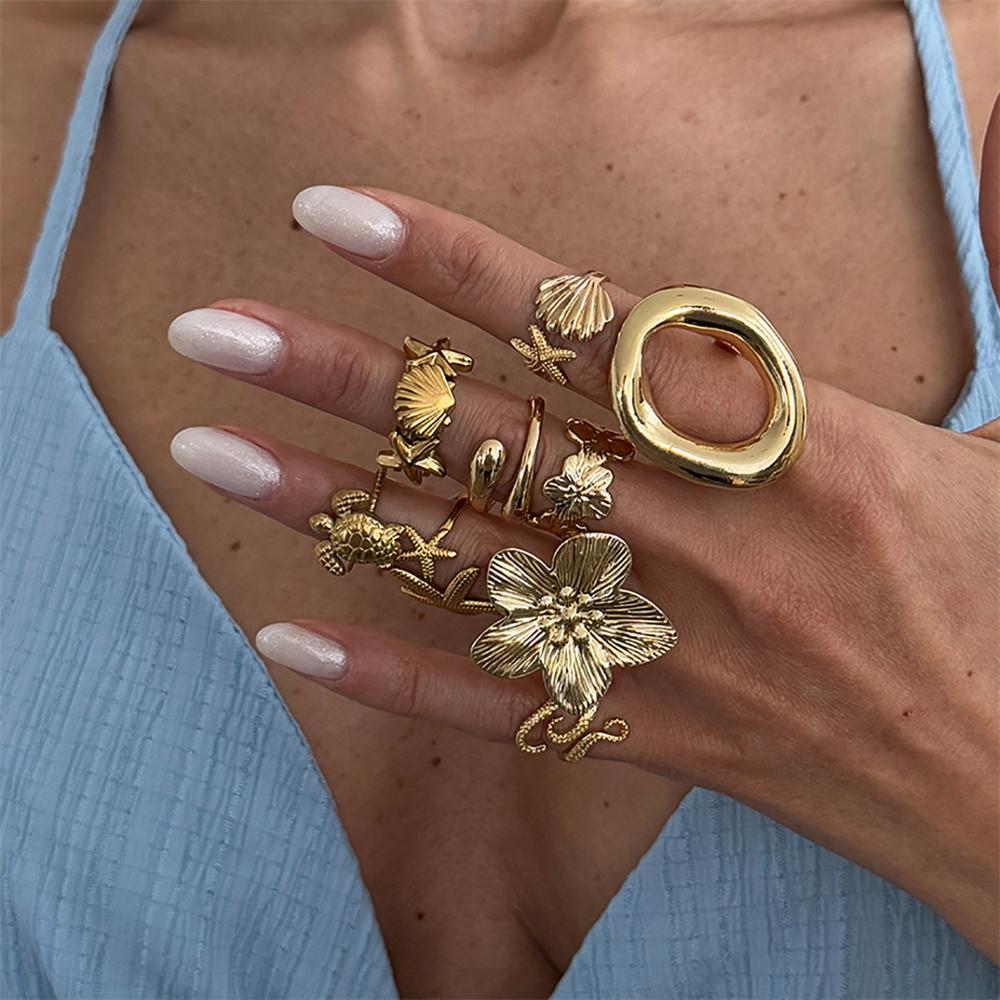 S/Set Bohemia Starfish Shell Sea Turtle Open Ring For Women Trendy Punk Gold Color Geometric Knuckle Joint Ring Beach Jewelry