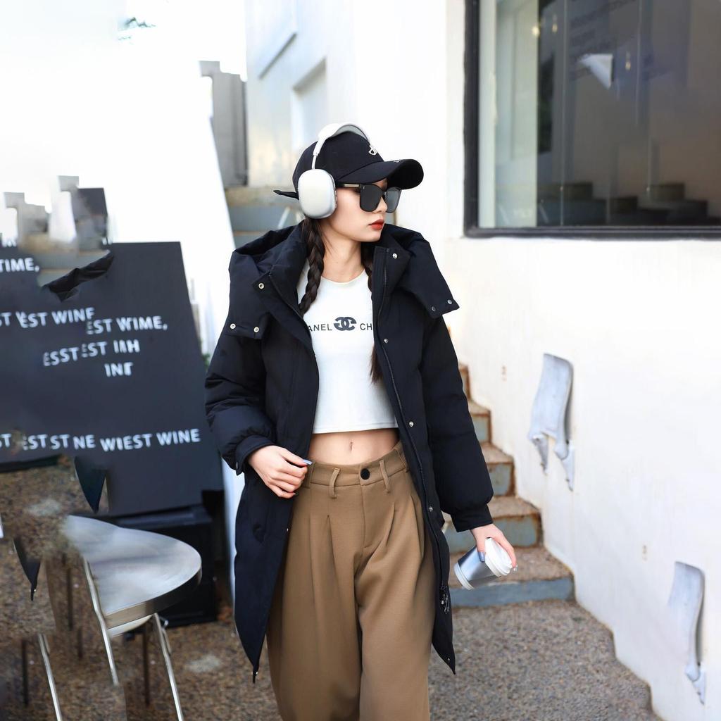Women's Winter Autumn Thick Hooded White Duck Down Jacket Coat Loose Middle Long Solid Color Big Pocket Detachable Hat Down Coat