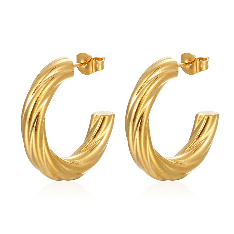 European and American Fashion Stainless Steel Twist Stainless Steel Round Earrings, High-end Light Luxury Women's Trend 18K Earrings