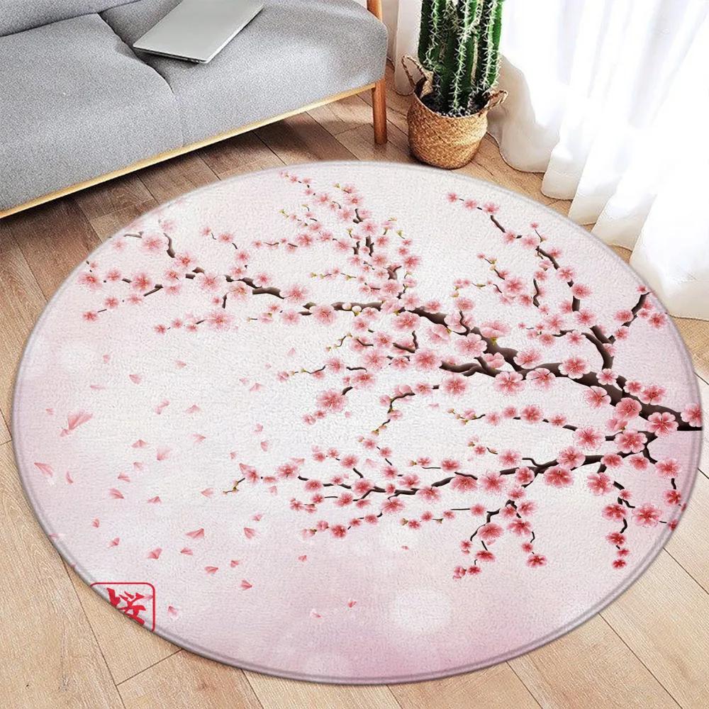 Round Rug – Koi Lotus Cherry Blossom Ink Art Carpet for Living Room Bedroom Home Decor