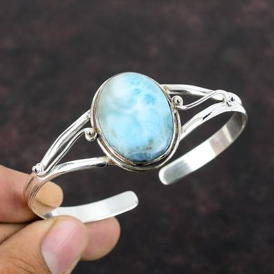 Larimar Armreif, natürlicher Edelstein-Schmuck, 925er Sterlingsilber, verstellbarer Armreif, handgefertigter Schmuck, Geschenk für Mutter, antiker Schmuck