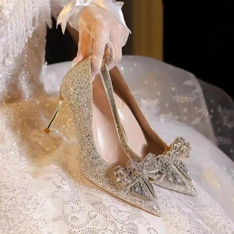 Fashion French Crystal Silver High Heels Womens 2025 New Bow Solid Shining Womens Shoes WOMEN Pointed Toe Casual Pumps