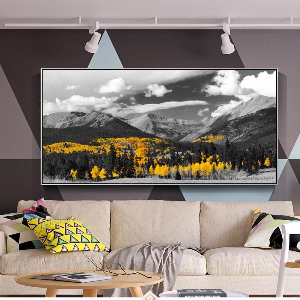 Black and White Landscape Posters and Prints Golden Yellow Trees Color Pop Mountain Canvas Painting Wall Picture for Living Room