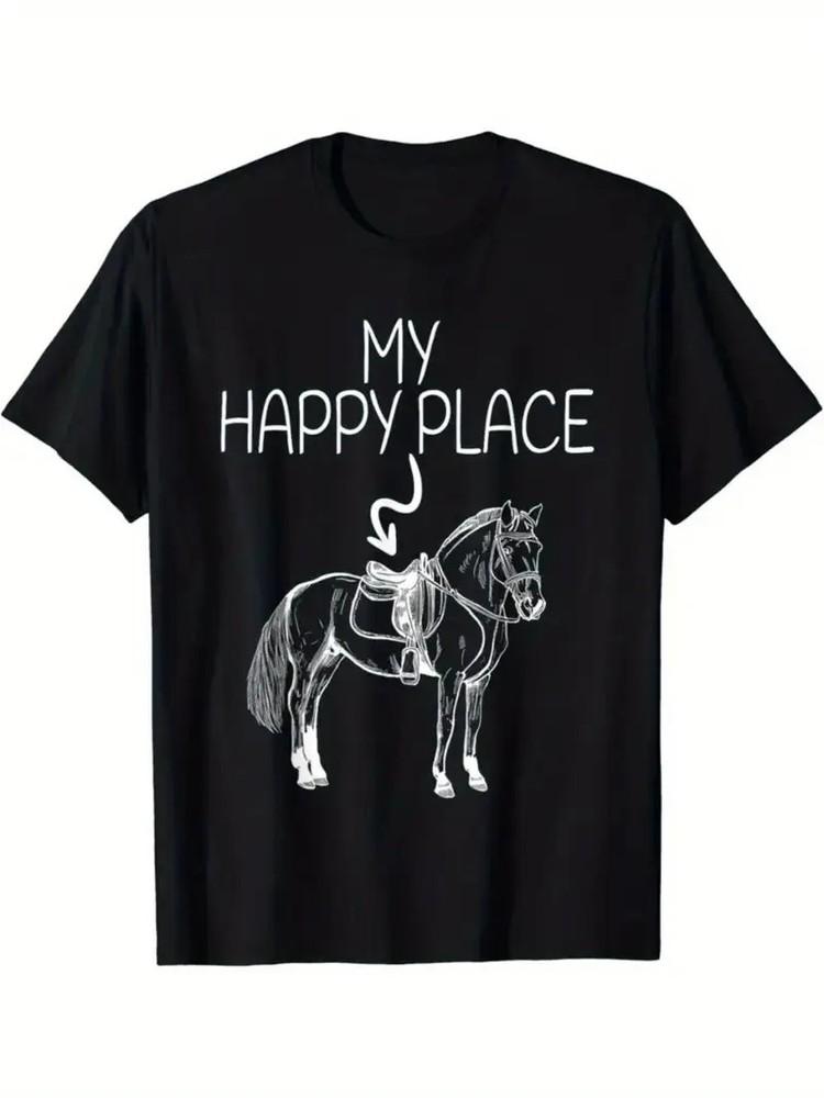

Men039;s 034;My Happy Place034; Galloping Horse Graphic T-ShirtSoft Cotton Black Sho Unisex T-Shirt L