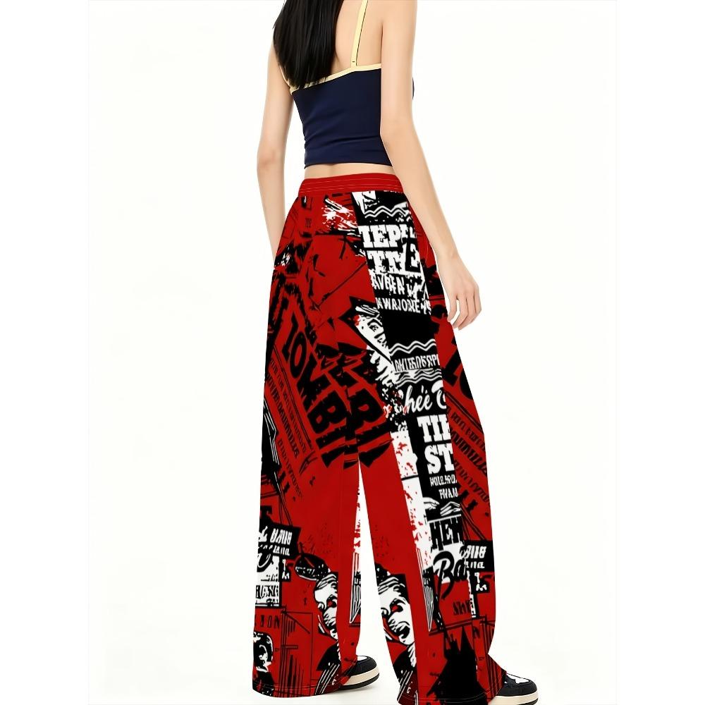 Autumn red and black newspaper graffiti text full of women's drawstring elastic waist trousers