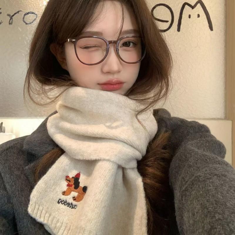 Knitted Wool Scarf Women Winter Warm Cozy Dog Embroidery Style Ins Trendy Neck Wrap Student Accessory