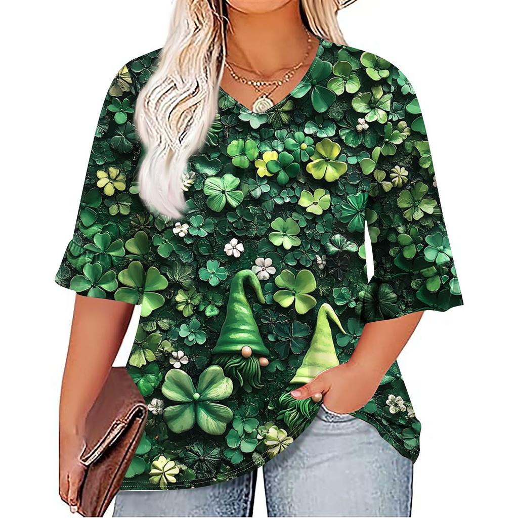 Women's Fashion Casual  Printed V-Neck Pleated Seven Minute Sleeve Ruffle Sleeve T-Shirt Plus Size Tops