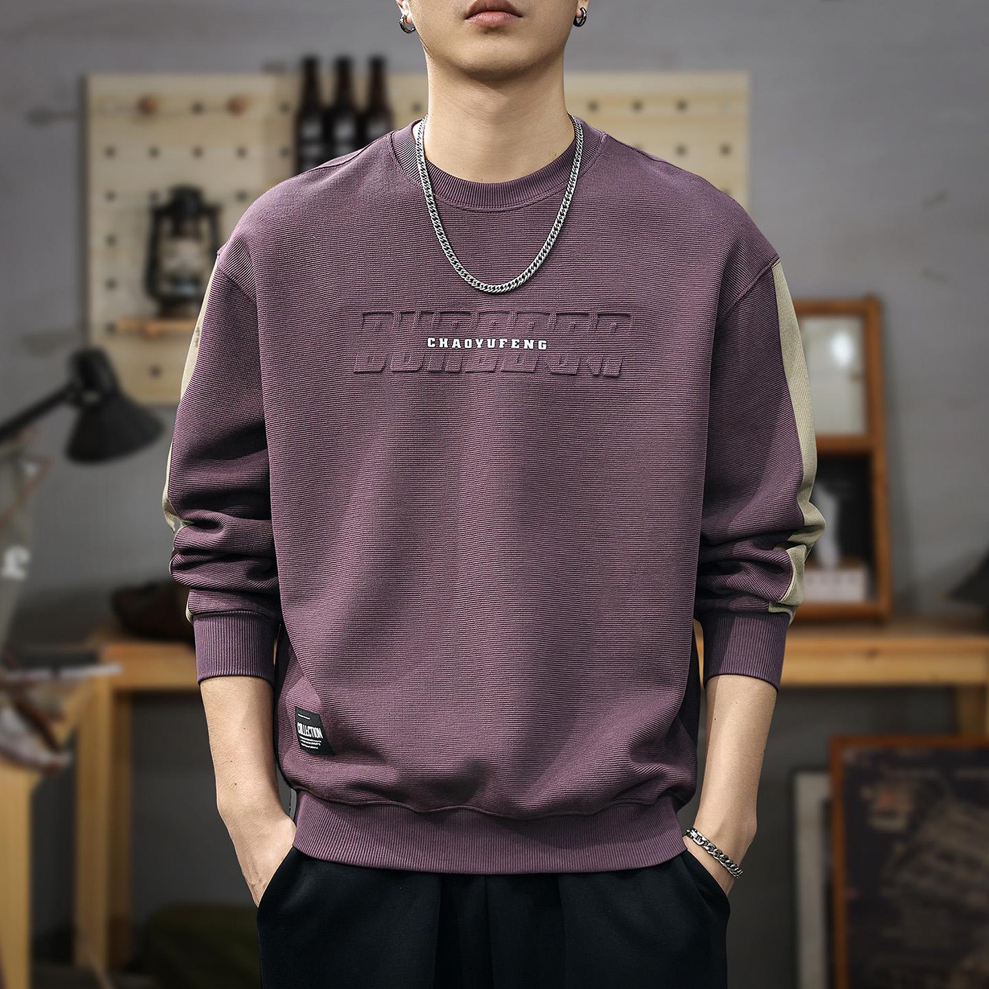 Men s Retro Round Neck Textured Hoodie with Steel Embossing and Patchwork Design for Autumn/Winter M (100-120 jin)