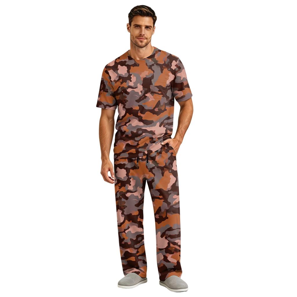 Herren Kurzarm-Schlafanzug-Set mit langer Hose, Schrittknopf und elastischem Kordelzugbund für zu Hause
