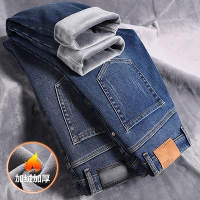 Autumn and Winter New High-end Pure Cotton Jeans Fleece Thickened Slim-fitting Straight Elastic Casual Trousers