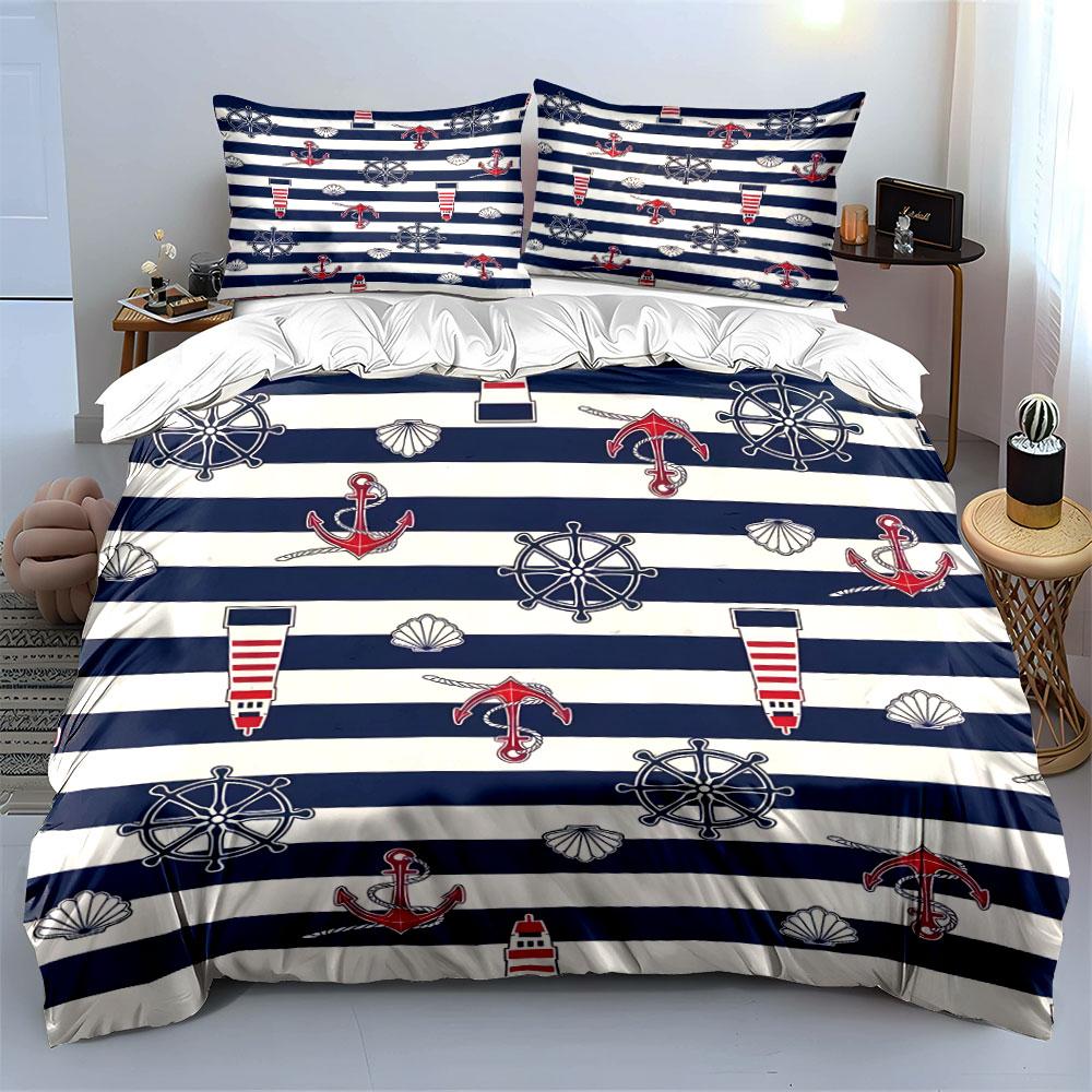 3Pcs Navy Striped Anchor Lighthouse Duvet Cover Set Nautical Wheel Seashell Bedding Single Double King Queen Gift
