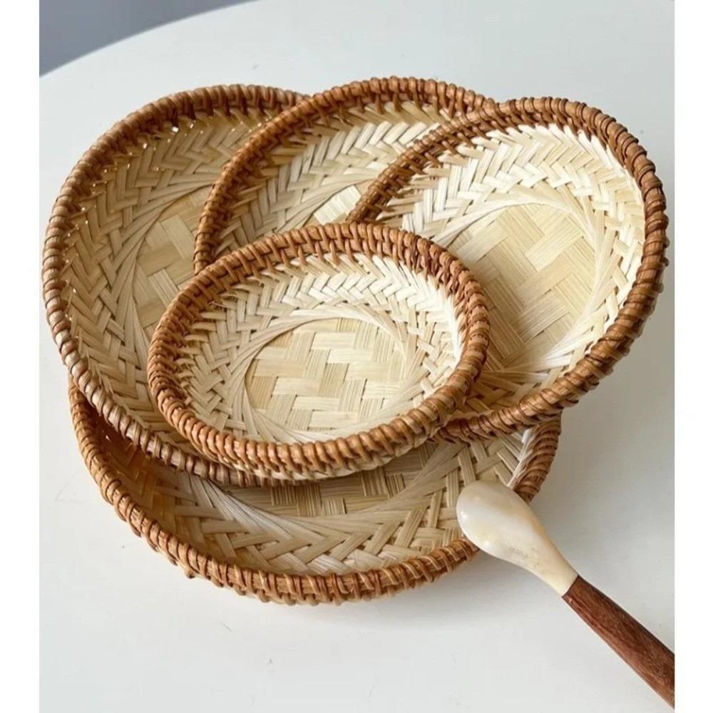 Multi-purpose 5 Sizes Bamboo Fruit Basket Round Shape Handmade Snack Basket Brown Beige Color Tea Snack Tray