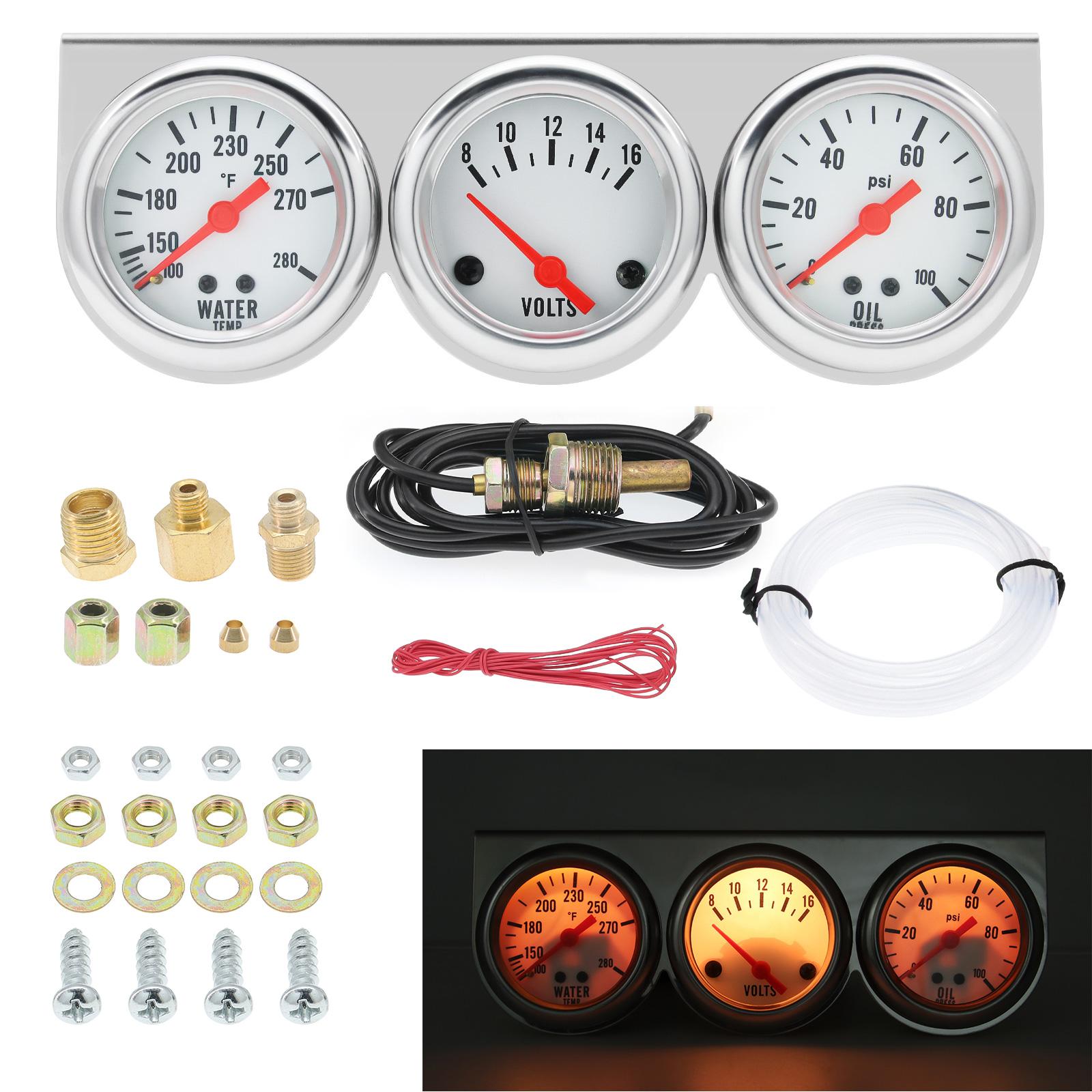 

Triple Gauge 52mm Voltage / Water Temp (Fahrenheit)/Oil Press Chrome Bezel 3-In-1 Kit Meter Mechanical Instrument For Cars Gauge