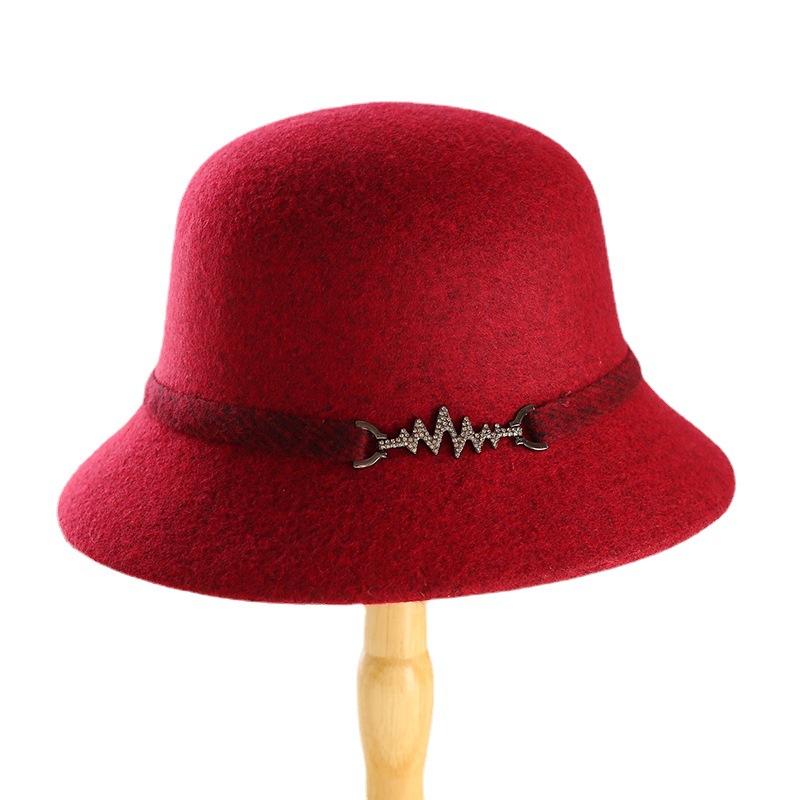 New button noble hat women's British retro dome basin hat autumn and winter short brim old wool top hat