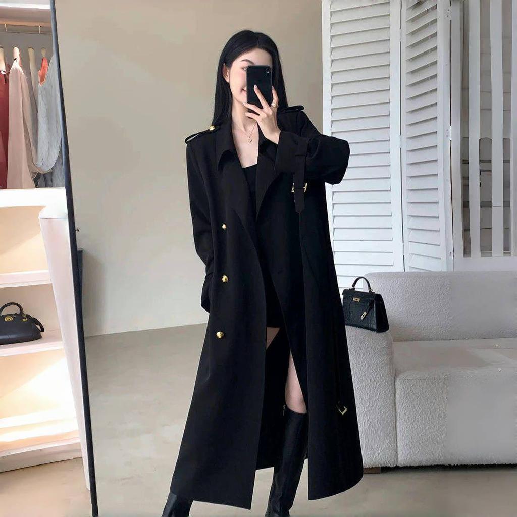 2025 Black Mid-Length Trench Coat: British Old Money Style for Spring and Autumn