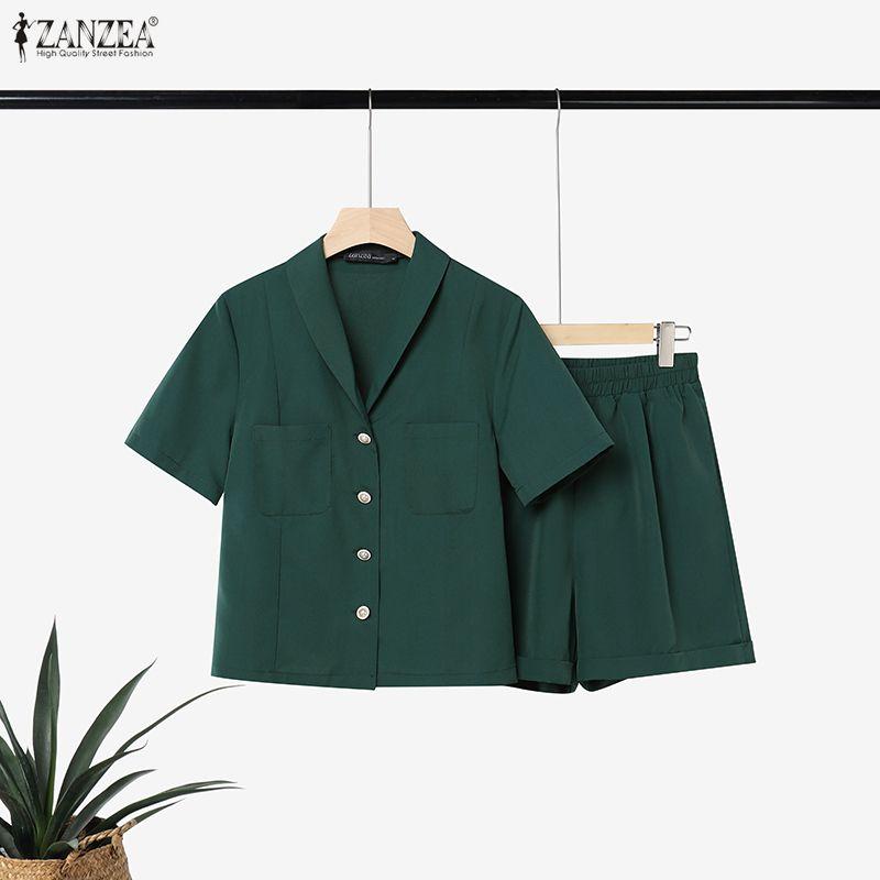 ZANZEA Women Short Sleeve Blouse and Shorts Summer Casual Two Piece Suit Sets