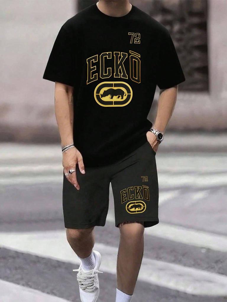 Men's Ecko T- Shirt And Shorts Set- Gray Rhino Graphic- Street Style- Fashion, Ideal For Those Who Love Urban Aesthetics.