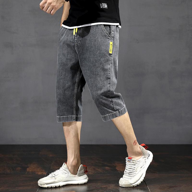 Summer Thin Five Quarter Denim Shorts Men's Seven Quarter Pants Loose Straight Leg Drawstring Elastic Waist Shorts