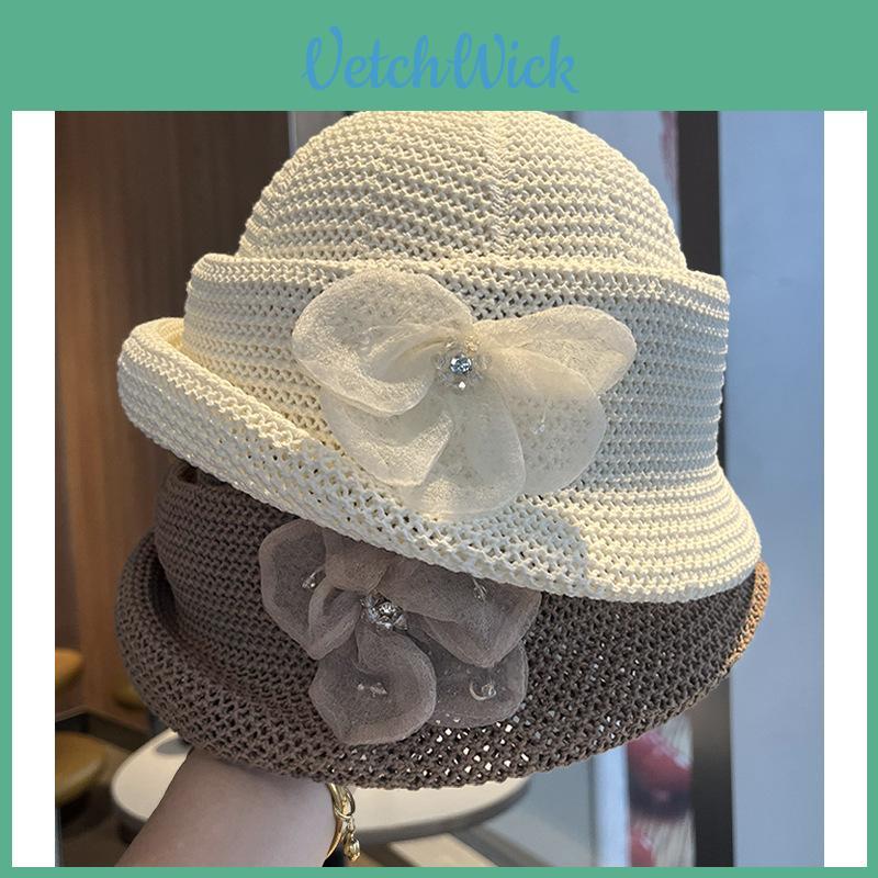 Summer Flower Pattern Knit Bucket Hat With Sun Protection For Outdoor Casual Wear