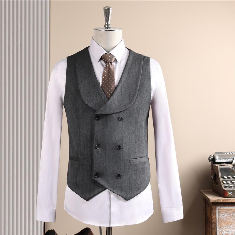 Men's High-End Pinstripe Wool Double-Breasted Three-Piece Suit: Anti-Wrinkle, Formal Groomwear