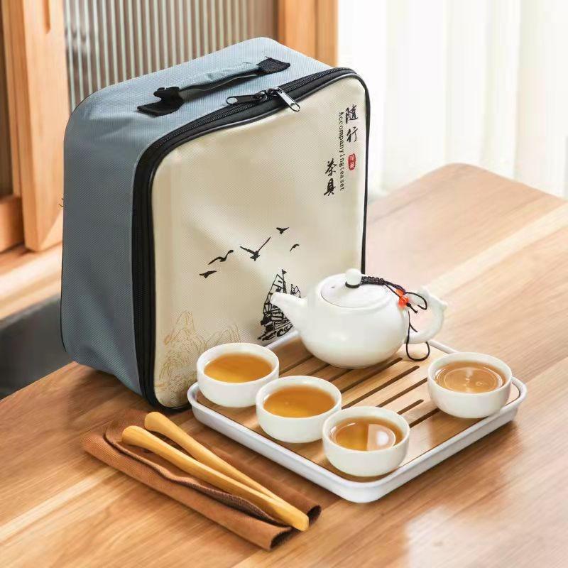 Outdoor portable travel kung Fu tea set, ceramic tea ware, one pot and four cups complete set