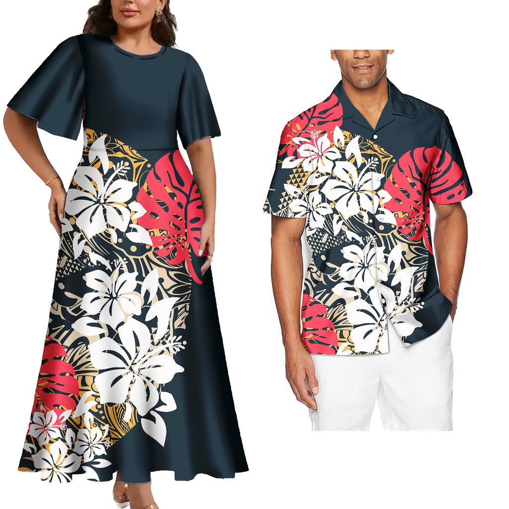 Tenues Assorties pour Couple Ensemble Deux Pièces Femme Robes de Soirée Assorties Chemises Homme Tenues de Couple Tribales Polynésiennes Samoa Personnalisées