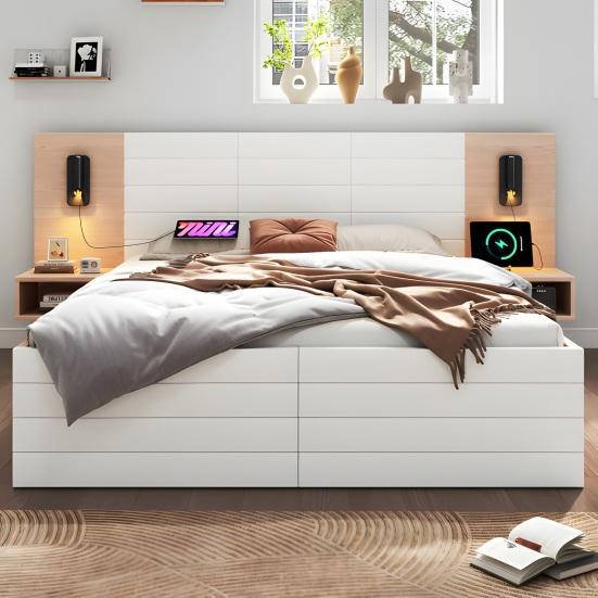 160x200cm Double Bed with 2 Drawers Bedside Cabinets Reading Light Headboard USB Charging Function Strong Wood Slat Support Bed Bedroom